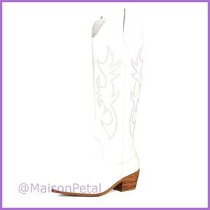 PU Leather Knee High Cowboy Boots with Chunky Heel and Wide Calf